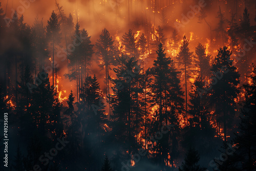 A natural disaster  an uncontrollable fire burning trees and grass.