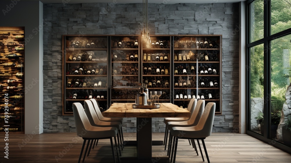 A refined dining room with a feature wall showcasing a collection of fine wines