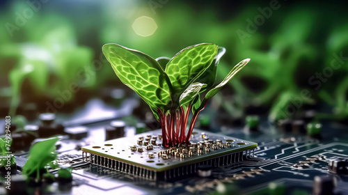 a computer chip illustrates an eco friendly concept of new life photo