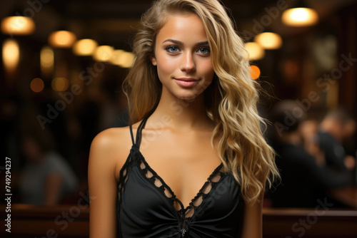 Charming blonde woman in a black lace dress, with a lively ambiance and soft bokeh lights in the background.