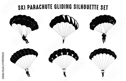 Ski parachute gliding silhouette vector bundle, Paraglider Parasailing black clipart Set, Paragliding Parachute Silhouettes