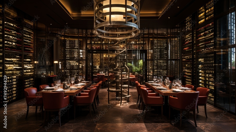 A refined restaurant with a glass-enclosed wine cellar as a focal point