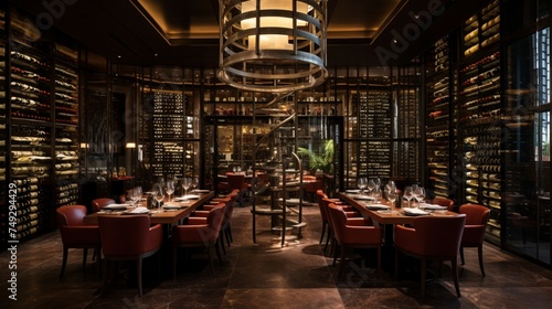 A refined restaurant with a glass-enclosed wine cellar as a focal point © Wajid