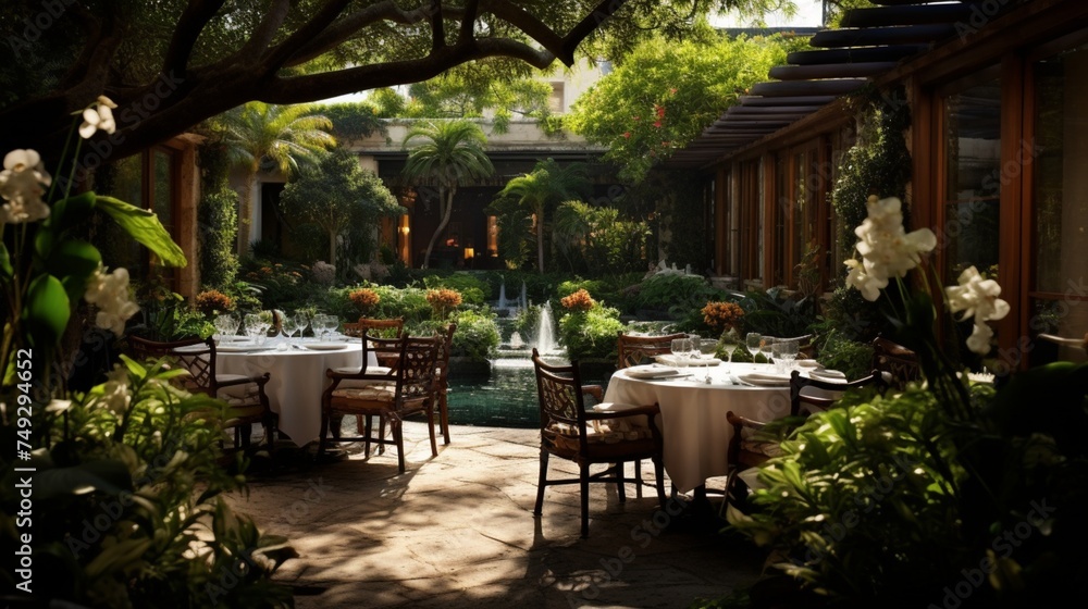 A refined restaurant with tables set in a garden courtyard surrounded by lush greenery