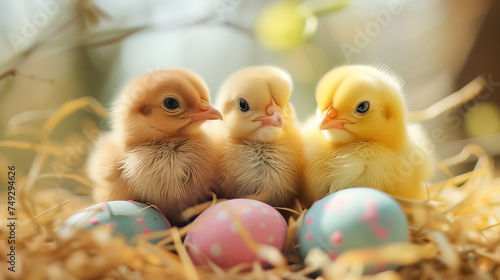 Beautiful little chicks in nest with easter eggs on green grass, easter greeting card