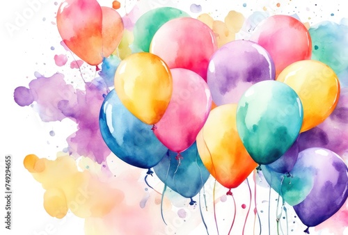 many colorful watercolor balloons on white background