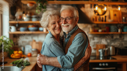 Beautiful senior couple is dancing and smiling while cooking together in kitchen.
