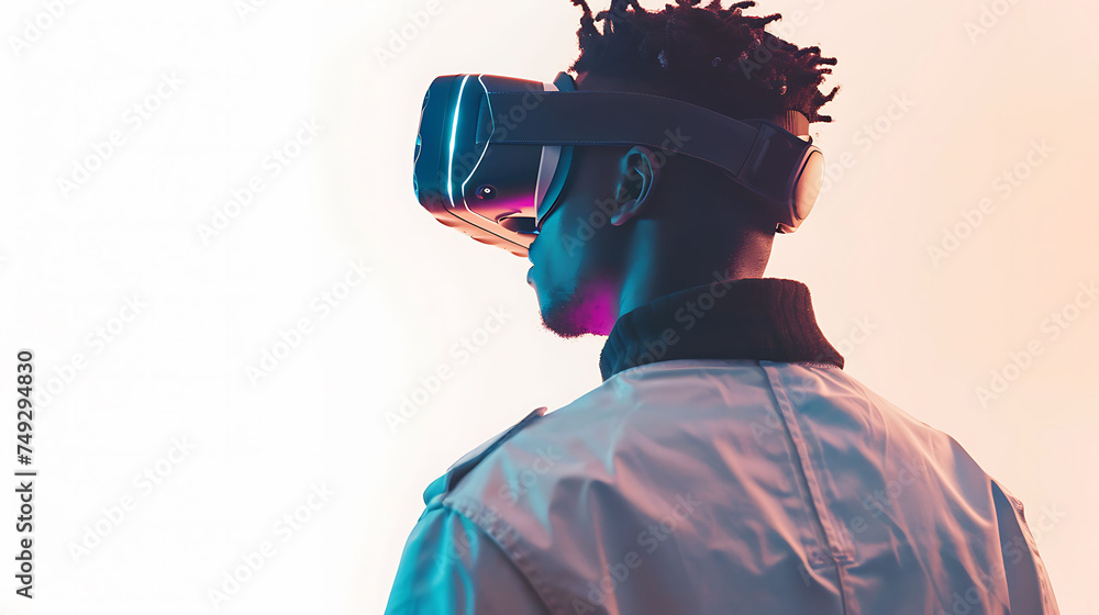 Black man is using virtual reality VR headset, 3D hologram graphics, white background. Black man is using virtual reality VR headset, 3D hologram graphics, white background.