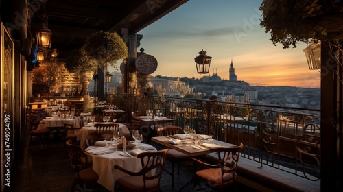 A refined restaurant with tables set on a balcony overlooking a bustling city street