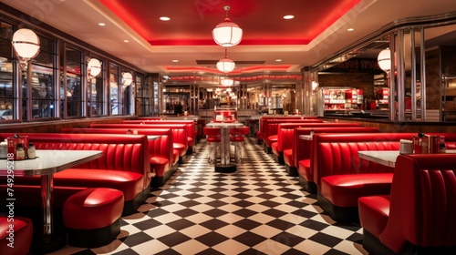 A retro-style burger joint with checkered floors and red leather booths © Wajid