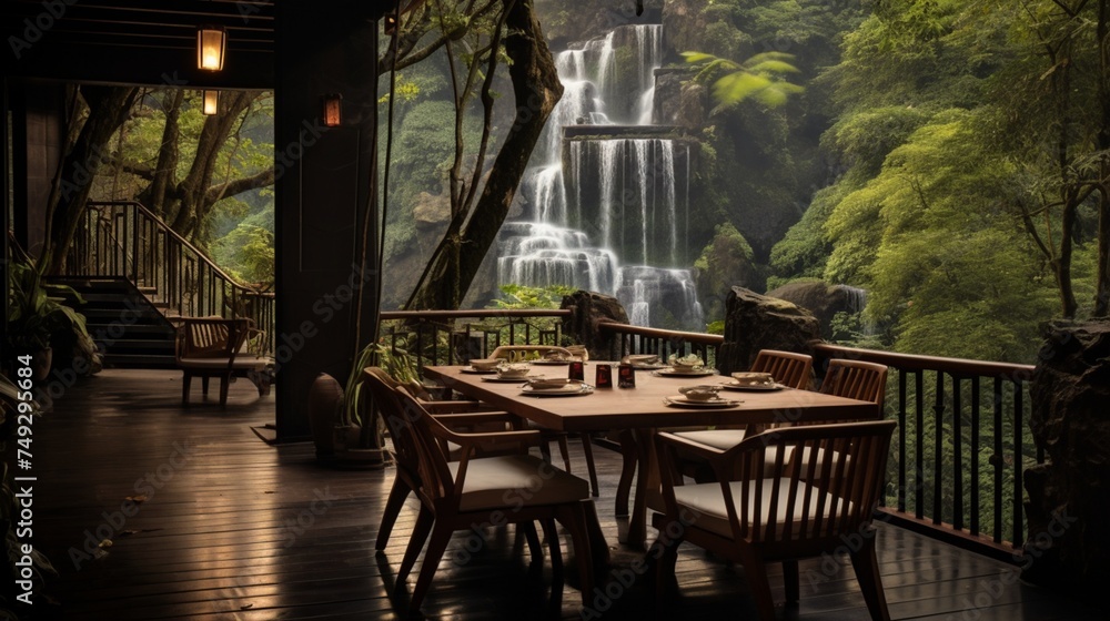 A riverside dining area with wooden decks and views of a waterfall