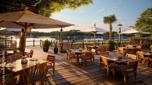 A riverside restaurant patio with wooden boardwalks and nautical decor © Wajid