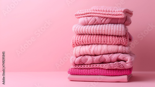 Fast fashion Overconsumption trends in fashion industry.Stack of pink clothing on pink background. generative ai 