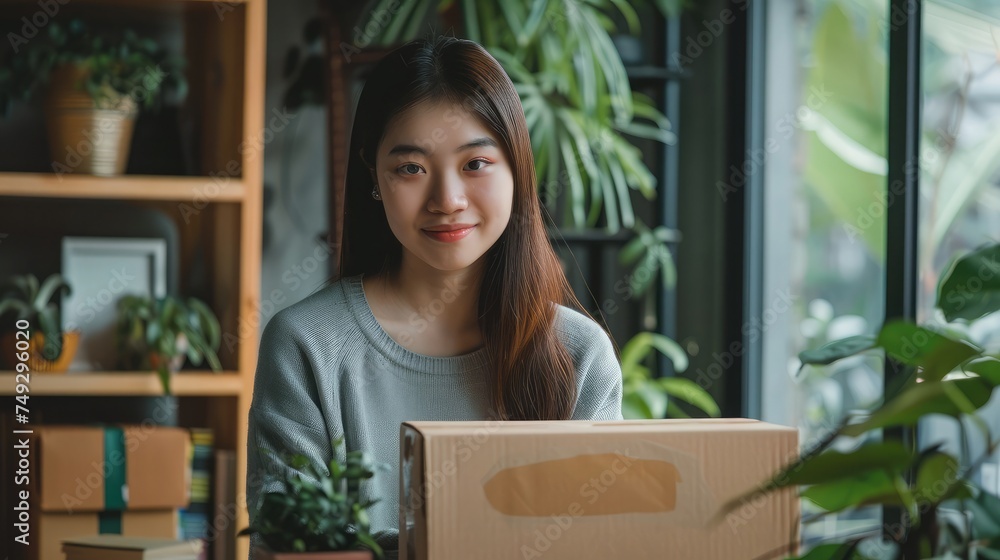 Fototapeta premium Beautiful Asian online business owner is preparing a parcel box to prepare the package for delivery to the customer
