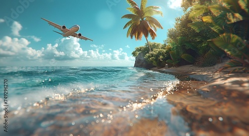 Tropical vacation concept with beach on tropical vacation island and landing plane with touruists.Macro.AI Generative.