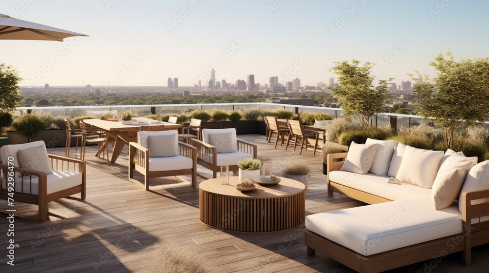 A rooftop lounge with a mix of lounge chairs and bar-height tables
