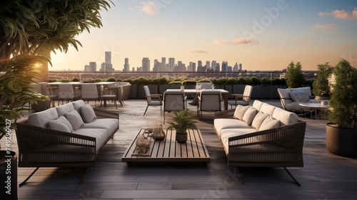 A rooftop lounge with a mix of lounge chairs and bar-height tables © Wajid