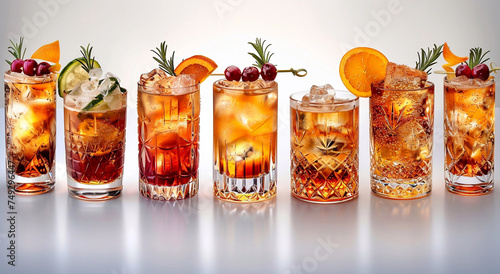 Assorted alcoholic cocktails with ice cubes and dressing on white background suitable for bar or nightclub.Macro.AI Generative.