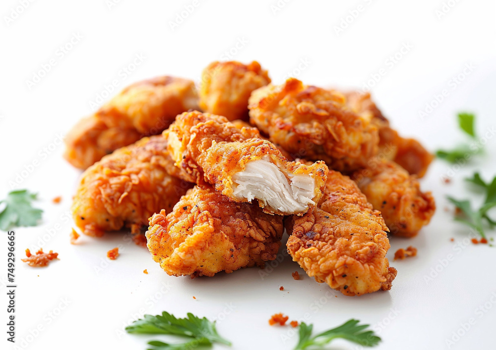 Crispy fried breaded chicken strips with parsley on white background.Macro.AI Generative. Crispy fried breaded chicken strips with parsley on white background.Macro.AI Generative.
