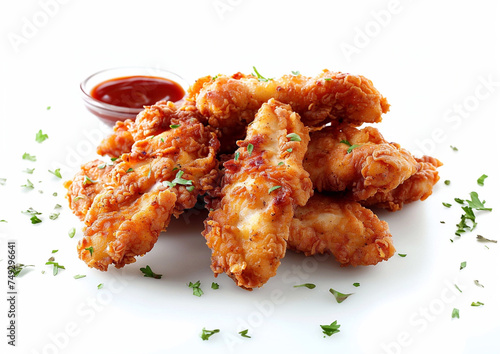 Crispy fried breaded chicken strips with ketchup on white background.Macro.AI Generative.