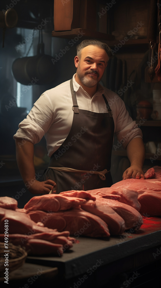 Butcher in apron behind counter with tenderloin and sausages in traditional butcher shop Butcher in apron behind counter with tenderloin and sausages in traditional butcher shop