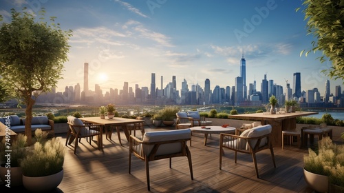 A rooftop terrace with a mix of high and low tables, overlooking a city skyline