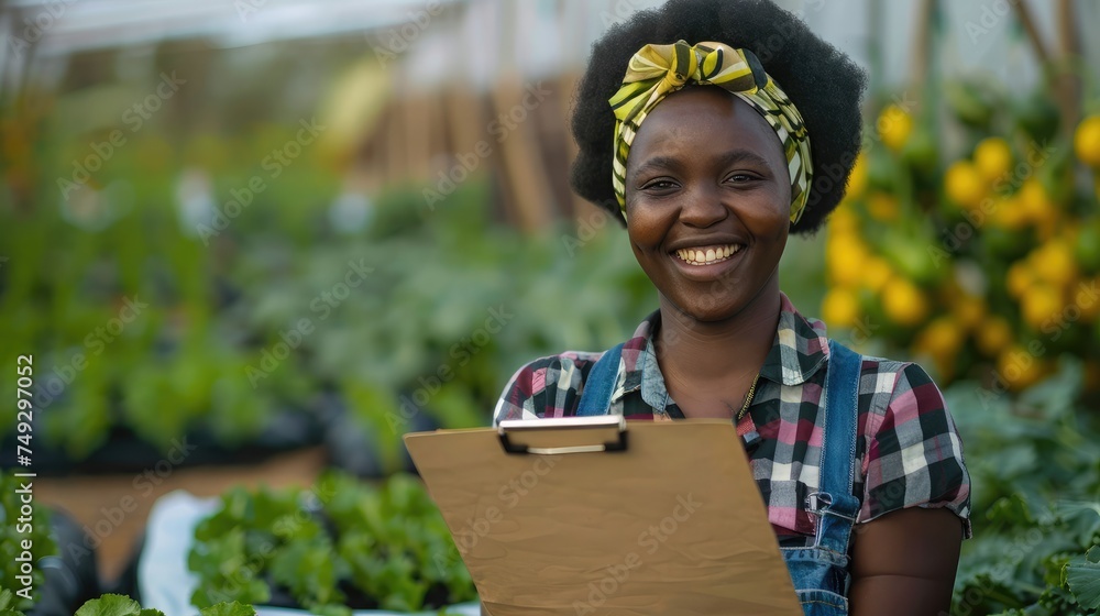Portrait happy sme owner African woman work with clipboard gardening vegetable farm, nursery worker planting in organic farm, startup small business sme owner, black farmer, fresh vegan food concept Portrait happy sme owner African woman work with clipboard gardening vegetable farm, nursery worker planting in organic farm, startup small business sme owner, black farmer, fresh vegan food concept