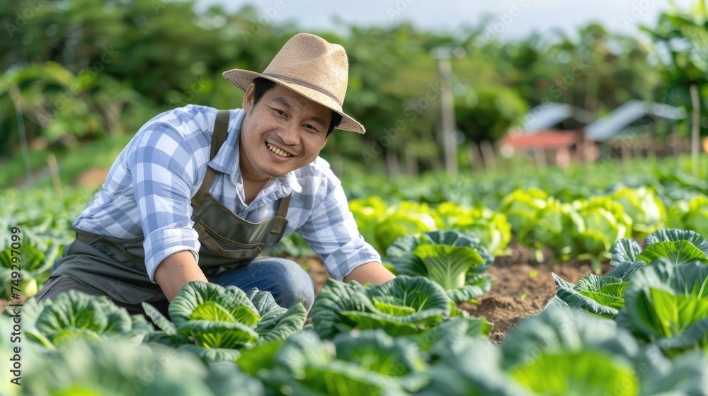 Portrait of happy sme owner asian man working in gardening cabbage farm, nursery worker planting in organic farm, startup small business owner, asian farmer job, fresh green vegan food banner concept Portrait of happy sme owner asian man working in gardening cabbage farm, nursery worker planting in organic farm, startup small business owner, asian farmer job, fresh green vegan food banner concept