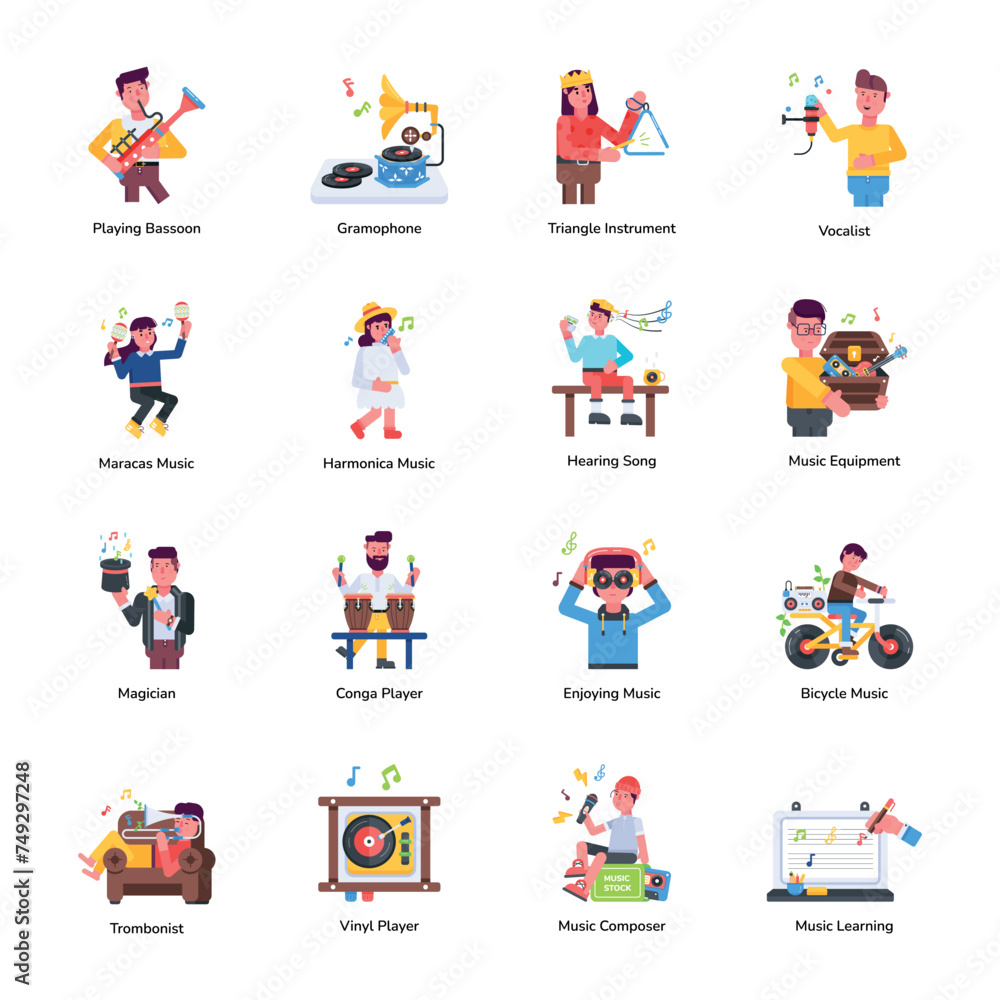 Set of Professional Musicians and Instruments Flat Icons

