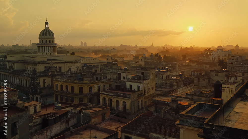 View over the rooftops of Havana in Cuba at sunset