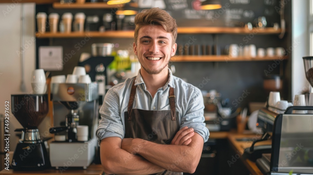 Startup successful sme small business owner caucasian man stand in his coffee shop or restaurant. Portrait of young smile caucasian man successful barista cafe owner concept
