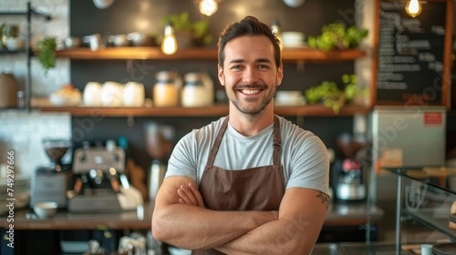 Startup successful sme small business owner caucasian man stand in his coffee shop or restaurant. Portrait of young smile caucasian man successful barista cafe owner concept photo