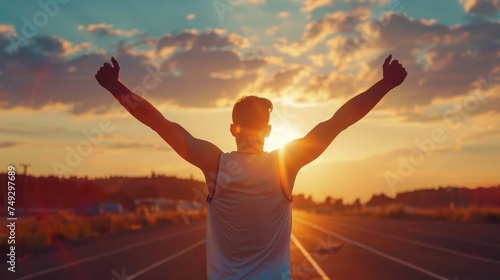 Successful man raising arms after cross track running on summer sunset. Fitness male athlete with arms up celebrating success and goals after sport exercising and working out. photo