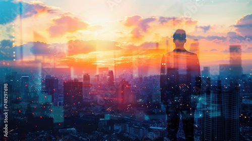 The double exposure image of the business man standing back during sunrise overlay with cityscape image. The concept of modern life, business, city life and internet of things.