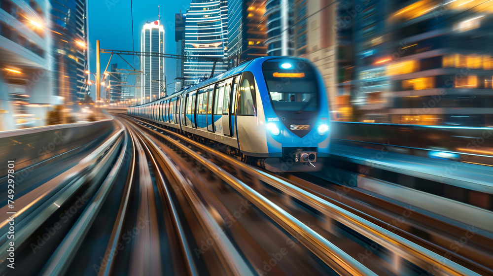 High speed train in motion on the railway station at dusk. Moving blue modern intercity passenger train, railway platform, buildings, city lights. Railway transportation High speed train in motion on the railway station at dusk. Moving blue modern intercity passenger train, railway platform, buildings, city lights. Railway transportation