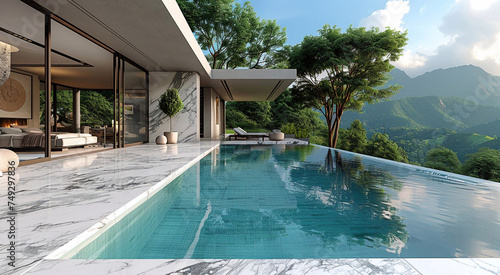 Outdoor marble stone swimming pool in luxury in luxury modern house on tropical resort.Macro.AI Generative. © DenisMArt