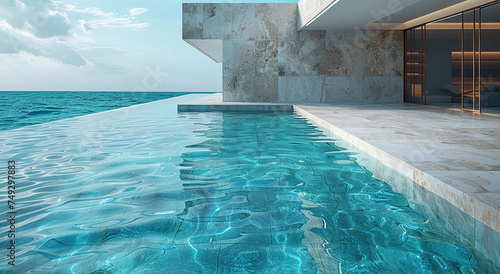 Swimming pool made of white marble stone in luxury resort hotel house with ocean view.Macro.AI Generative.