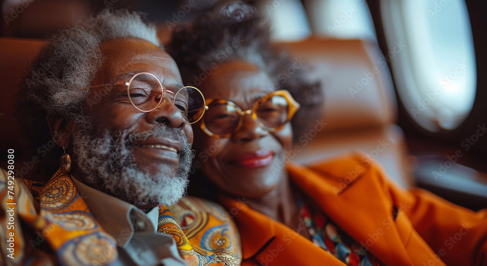 Happy senior afro american couple in airplane traveling and exploring the world after retirmenet.Macro.AI Generative.