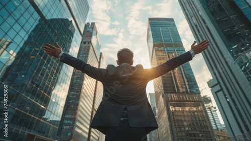 Young successful business man standing with arms wide open in front of buildings business center