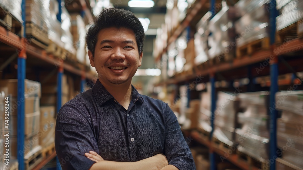 Fototapeta premium Asian man owner mananger of SME business warehouse storage