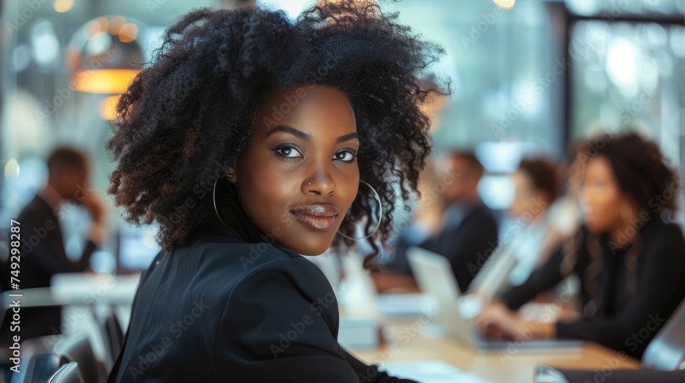 Obraz premium Attractive african young confident businesswoman sitting at the office table with group of colleagues in the background, working on laptop computer