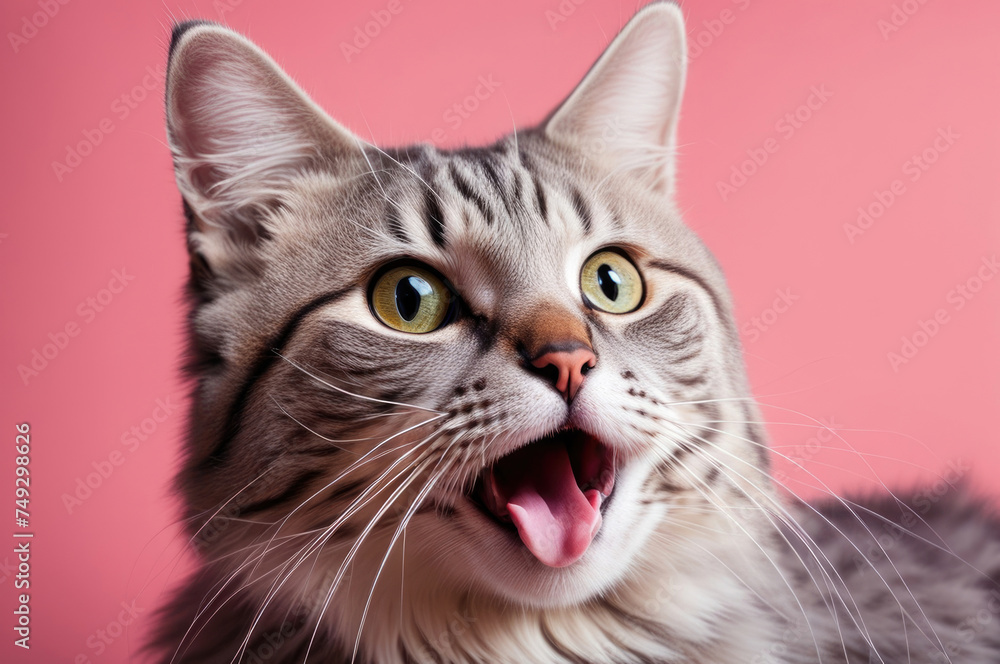 Grey Tabby Cat with Yellow Eyes and Tongue Out on Pink Background