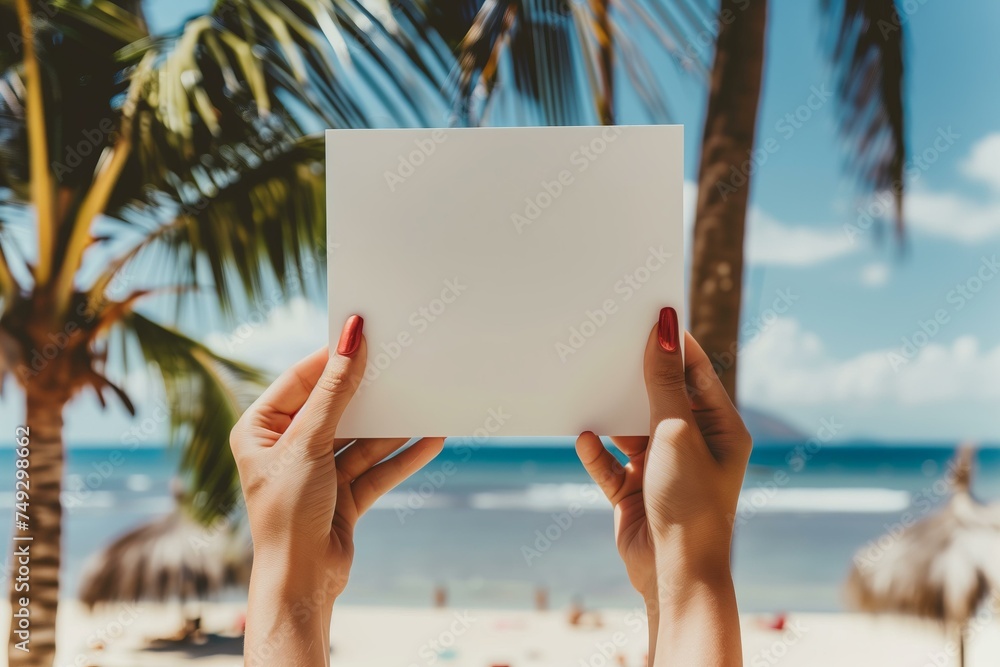 woman hands with perfect dark red manicure holding a white blank rectangular paper, palms and beach in the background woman hands with perfect dark red manicure holding a white blank rectangular paper, palms and beach in the background