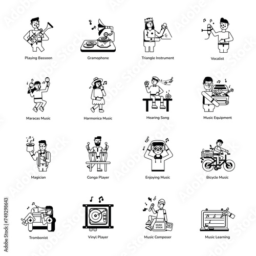 Set of Professional Musicians and Instruments Glyph Icons

