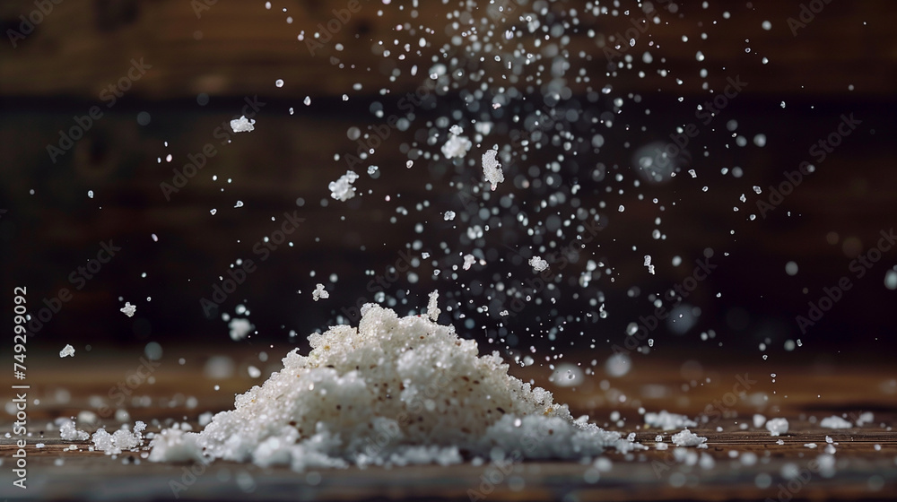 Crystalline Sea Salt Flakes in Mid-Air Sprinkle