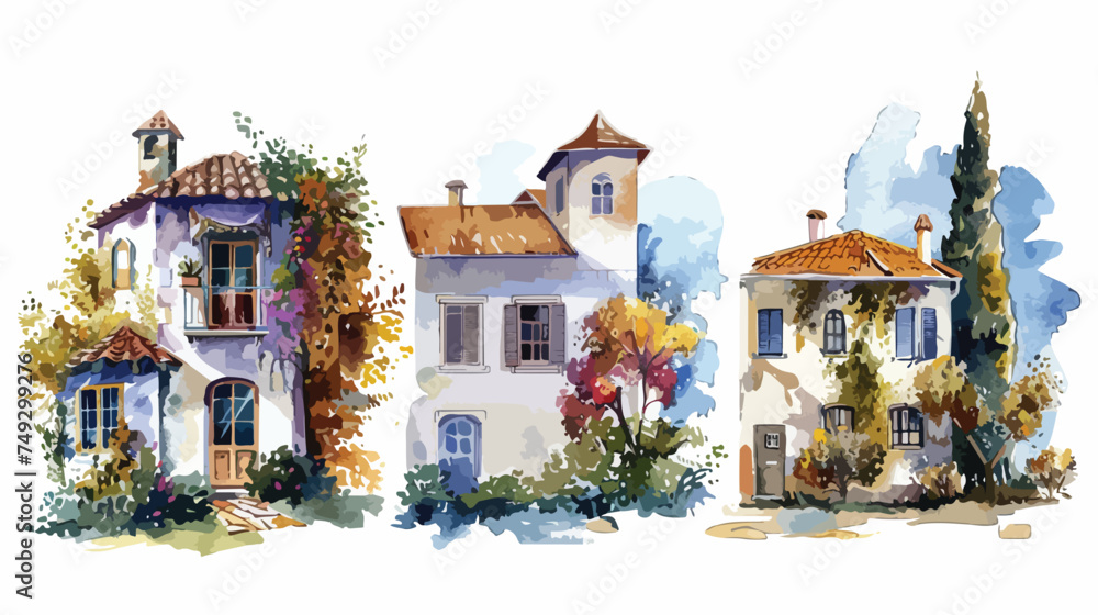 Watercolor european architecture houses with floral
