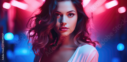 Close-up of a woman in blue and red neon lights, with a soft gaze and flowing hair, exuding a cinematic noir vibe in a futuristic setting.