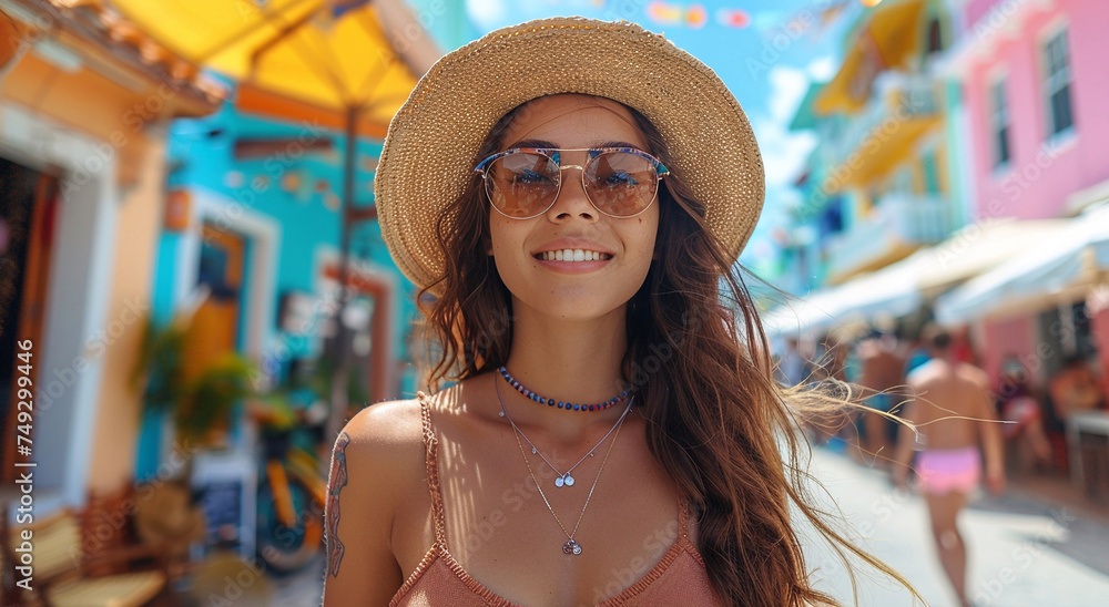 Happy young beautiful woman with summer hat and sunglasses on colorful city street during vacation.Macro.AI Generative.