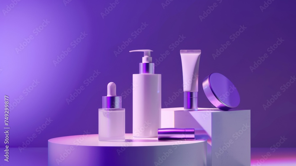 skincare product on podium with dramatic purple lighting skincare product on podium with dramatic purple lighting