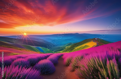 Colorful Spaces  Picturesque Landscape of Fields and Mountains. 